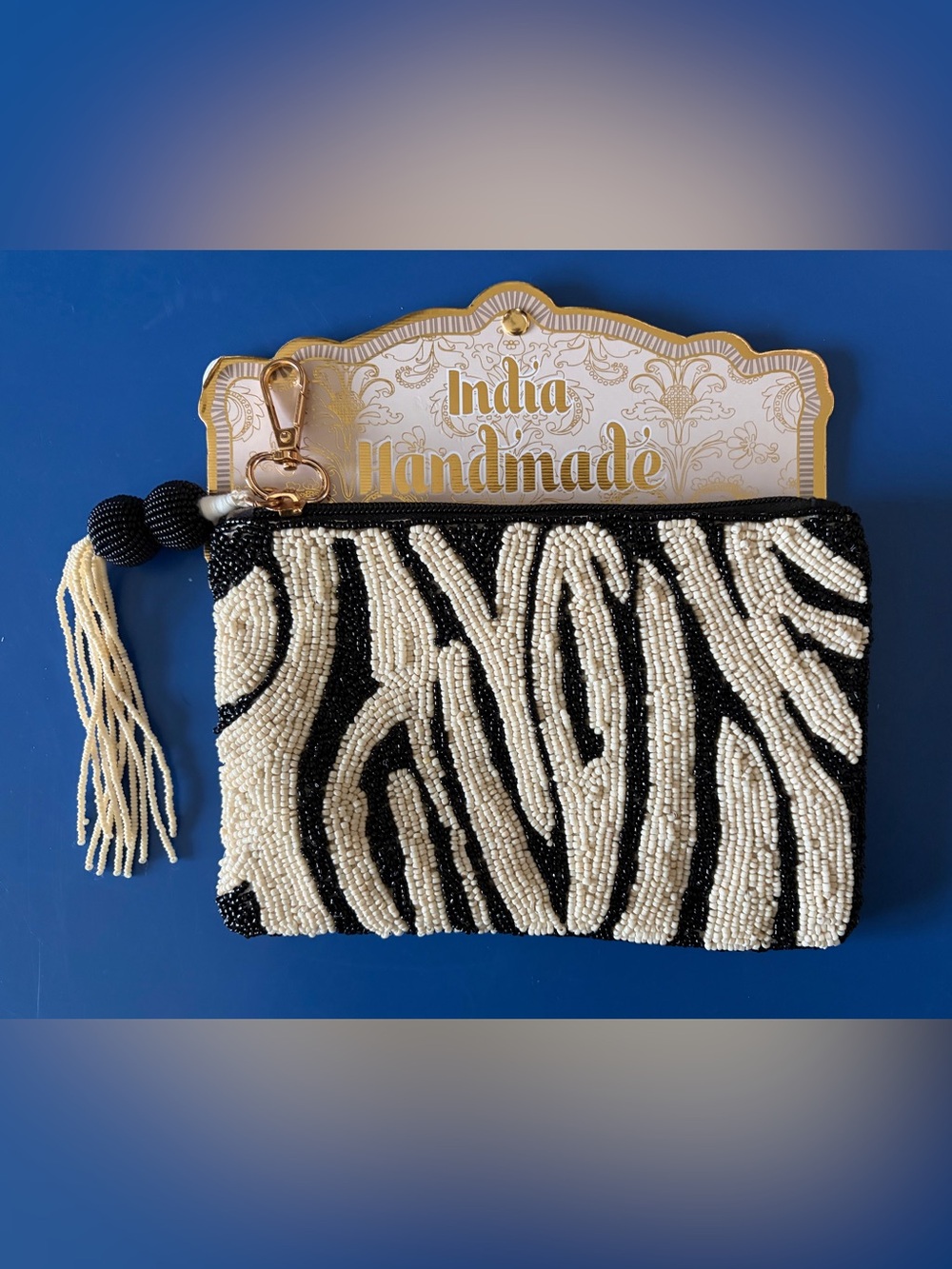 Handmade Black & Cream Beaded Zebra-Pattern Clutch